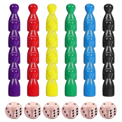 60 pcs Bunte Spielfiguren,Spielfiguren Aus Holz Für Brettspiele,Würfel Aus Holz Spielfiguren,Holzpuppen Spielfiguren,Spielkegel Set,Halmakegel Aus Holz,Flaschenkegel,Enthält 6 Würfel von TMRBBesty