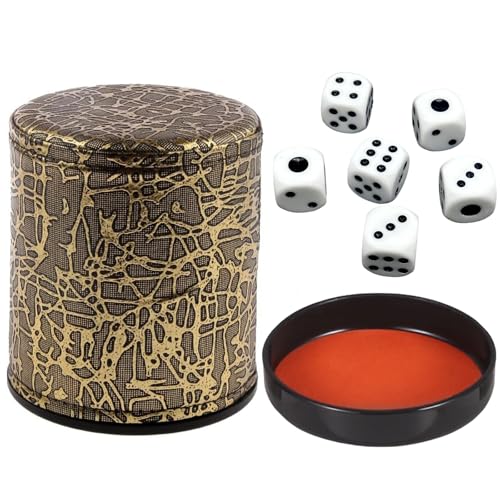 TMRBBesty Würfelbecher Set, Leder Würfelbecher mit Deckel, 6 Würfeln, Goldenes Texturmuster, Dämpfen Innenseite Filz für Unterhaltungsspiele, Bar, Puzzles, Spielzubehör von TMRBBesty