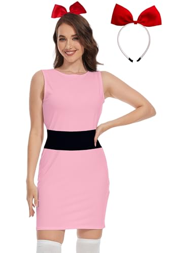 TMSD Damen Halloween Cartoon Kostüm Erwachsene Minikleid mit rotem Bowknot Stirnband Rosa L von TMSD