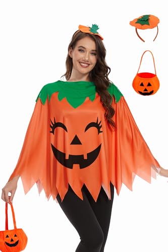 TMSD Damen Halloween Kürbis Kostüm Orange Cosplay Poncho mit Stirnband und Kürbisbeutel TMSD Damen Halloween Kürbis Kostüm Orange Cosplay Poncho mit Stirnband und Kürbisbeutel von TMSD