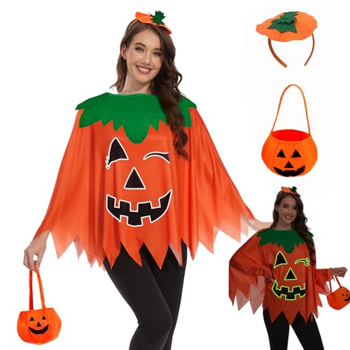 TMSD Damen Halloween Kürbis Poncho Im Dunkeln Leuchten Cosplay Umhang mit Stirnband und Kürbisbeutel TMSD Damen Halloween Kürbis Poncho Im Dunkeln Leuchten Cosplay Umhang mit Stirnband und Kürbisbeutel von TMSD