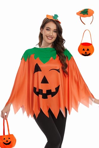 TMSD Damen Halloween Kürbis Poncho Orange Cosplay Umhang mit Stirnband und Kürbisbeutel TMSD Damen Halloween Kürbis Poncho Orange Cosplay Umhang mit Stirnband und Kürbisbeutel von TMSD