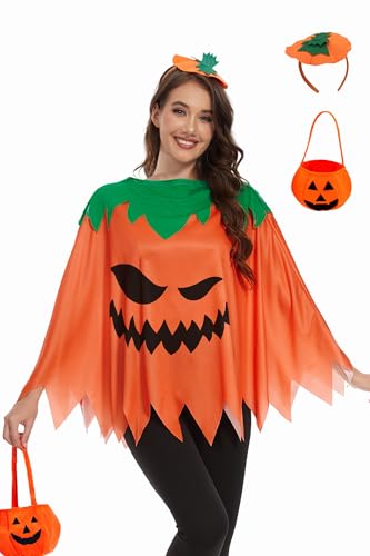 TMSD Damen Halloween Kürbis Poncho Umhang Orange Cosplay Kostüm mit Stirnband und Kürbisbeutel TMSD Damen Halloween Kürbis Poncho Umhang Orange Cosplay Kostüm mit Stirnband und Kürbisbeutel von TMSD