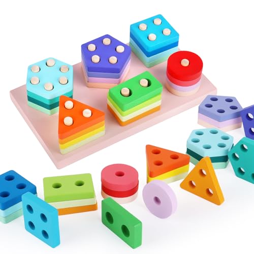 TNOMSNO Giochi Montessori, 24 Stück geometrische Formen Sortieren und Stapeln Block Board, stapelbares und kombinierbares Holzspielzeug für Kinder, Geschenk Spielzeug für Kinder 2 3 4 5 6 von TNOMSNO