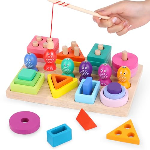 TNOMSNO Montessori Spielzeug ab 1 Jahr, 3 in 1 Farbe Erkennung Form Sorter Angelspiel, Agnet Fische Angeln Spiel, Holz Angelspiel für Kinder, Angelspiel Magnetspielzeug Kinderspielzeug 2 Jahre von TNOMSNO