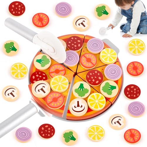 TNOMSNO Pizza Set Holz, Pizza Kinderküche Zubehör Holz Kinderküche Zubehör Pizza Set Holz, Zubehör Kinderküche mit Pizzaschneider, Spachtel Platte von TNOMSNO