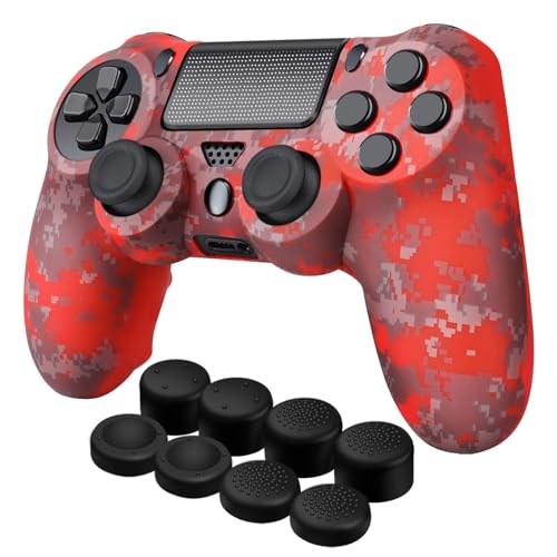 TNP Controller Hülle für PS4, Controller Grip Case für Sony Playstation 4 Wireless Controller, aus Silikon und Gummi, Spielzubehör mit rutschfeste Kappen für PS4 Thumbsticks, Camo Mosaik Rot von TNP Products