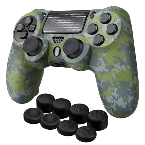 TNP PS4 Controller Hülle, PS4 Controller Grip Case für Sony Playstation 4 Wireless Controller, aus Silikon und Gummi, Spielzubehör mit rutschfeste Kappen für PS4 Thumbsticks, Camo Mosaik Grün von TNP Products