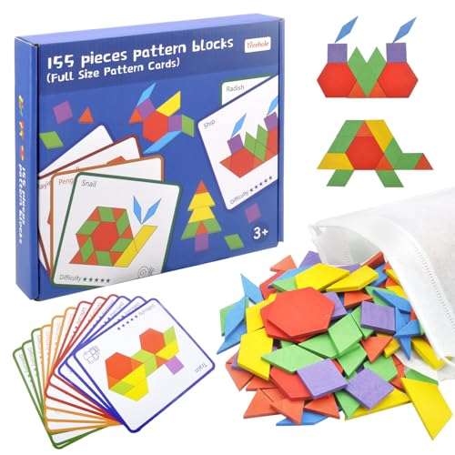 TNSLAND Geometrische Formen Tangrams Holz Puzzle Spielzeug, 155pcs Holzmuster Blöcke Bunte Hölzerne Intelligenz Puzzle Montessori Lernspielzeug Geschenke für Kinder Vorschule von TNSLAND