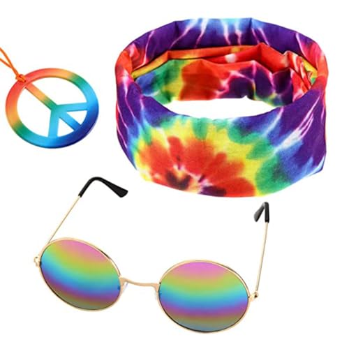 TNSRAY Hippie Kostüm Set, Hippie Kostüm Hippie Accessoires mit Jahre Retro Vintage Brille, Friedenszeichen Halskette Damen und Buntes Hippie Stirnband für 60er 70er 80er Party Verkleiden Zubehörset von TNSRAY