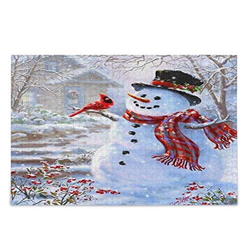 Winter-Puzzle mit Kardinal und Schneemann, Weihnachten, rote Beeren, 1000 Teile, Puzzle, pädagogisches, intellektuelles, entspannendes Spiel für Kinder, Erwachsene, Wanddekoration zu Hause, 50 x 70 cm von TNTEVX