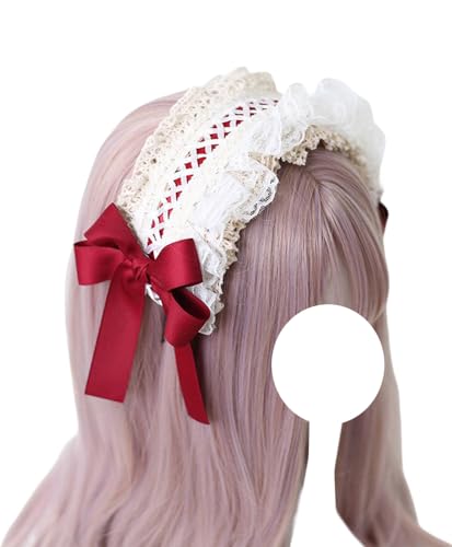 Rote Spitze Schleife Kopfbedeckung Quasten Band Haarband Lolita Stirnband Cosplay Kopfschmuck Lolita Haarschmuck für Frauen (Rot) von TO KU TOO YUO