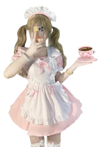 TO KU TOO YUO 4PCS Maid Outfit Lolita Maid Dress Bow Dress Set Anime Cosplay Kostüm Set Fancy Dress Kostüm für Frauen (Rosa, L) von TO KU TOO YUO