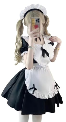 TO KU TOO YUO 4PCS Maid Outfit Lolita Maid Dress Bow Dress Set Anime Cosplay Kostüm Set Fancy Dress Kostüm für Frauen (Schwarz, S) von TO KU TOO YUO