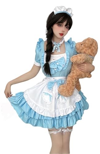 TO KU TOO YUO 5-teiliges Dienstmädchen-Outfit Lolita Dienstmädchenkleid, süßes Kleid-Set, Anime-Cosplay-Kostüm, Verkleidung für Damen (Blau, L) von TO KU TOO YUO