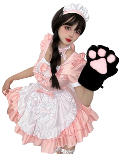 TO KU TOO YUO 5-teiliges Dienstmädchen-Outfit Lolita Dienstmädchenkleid, süßes Kleid-Set, Anime-Cosplay-Kostüm, Verkleidung für Damen (Rosa, L) von TO KU TOO YUO