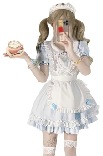 TO KU TOO YUO 5PCS Maid Outfit Lolita Maid Dress Sweet Bow Dress Set Anime Cosplay Kostüm Set Fancy Dress Kostüm für Frauen (Blau, XXL) von TO KU TOO YUO