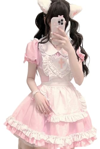 TO KU TOO YUO 5PCS Maid Outfit Lolita Maid Dress Sweet Bow Dress Set Anime Cosplay Kostüm Set Fancy Dress Kostüm für Frauen (Rosa, XXXXL) von TO KU TOO YUO