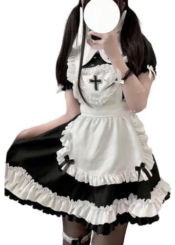 TO KU TOO YUO 5PCS Maid Outfit Lolita Maid Dress Sweet Bow Dress Set Anime Cosplay Kostüm Set Fancy Dress Kostüm für Frauen (Schwarz, S) von TO KU TOO YUO