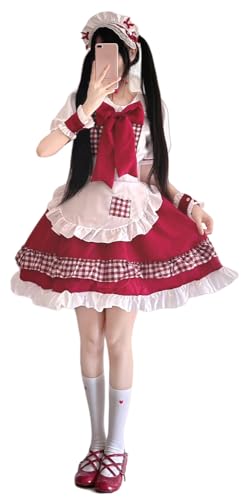 TO KU TOO YUO 6-teiliges süßes Dienstmädchen-Outfit Lolita große Schleife Kleid Set Anime Cosplay Kostüm Verkleidung für Frauen (Rot, L) von TO KU TOO YUO