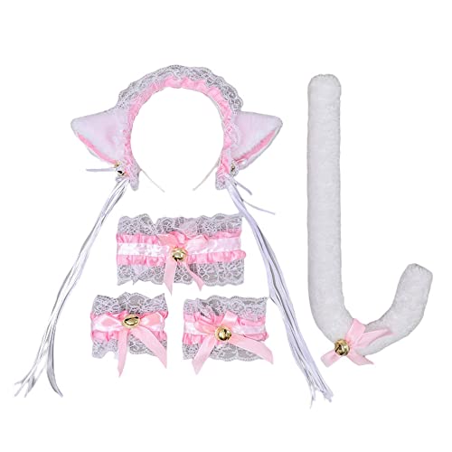 TO KU TOO YUO Mehrfarbige Katzen-Cosplay-Kopfbedeckung, japanische Lolita-Kopfbedeckung, Dienstmädchen, Spitzenschwanz, Katzenohren, Stirnband-Set, Zubehör (Weiß / Rosa) von TO KU TOO YUO