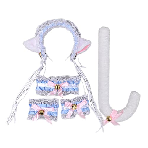 TO KU TOO YUO Mehrfarbige Katzen-Cosplay-Kopfbedeckung, japanische Lolita-Kopfbedeckung, Spitzenschwanz, Katzenohren, Stirnband-Set, Zubehör (weiß-blau) von TO KU TOO YUO