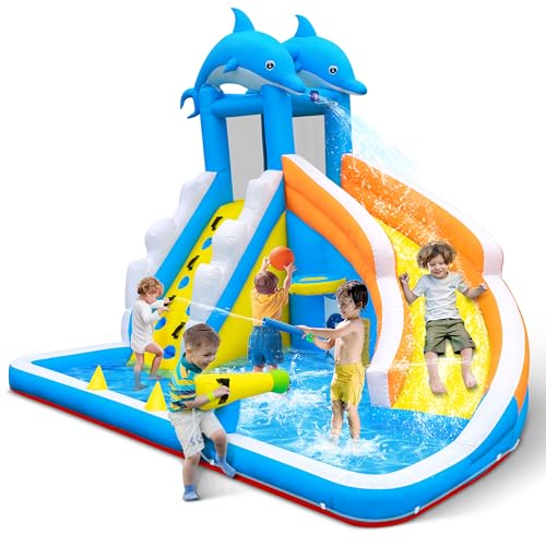 Aufblasbare Wasserrutsche, 5-in-1 Delfin, aufblasbares Hüpfhaus für Kinder, Kletterwand, Spritzwasser, Wasserkanone, Basketballfelge, 480 W Gebläse, für drinnen und draußen, Hinterhof, von TOAOB