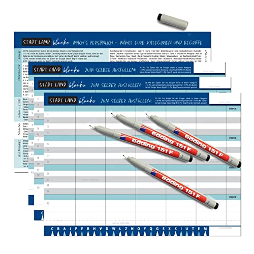 TOBJA 4X Stadt Land Blanko abwischbar inkl. Stifte - Stadt Land Fluss Gesellschaftsspiel | Vier Folien-Blätter mit 24 Feldern als Familien & Partyspiel inkl. Stifte | Reisespiele ab 8 Jahre von TOBJA