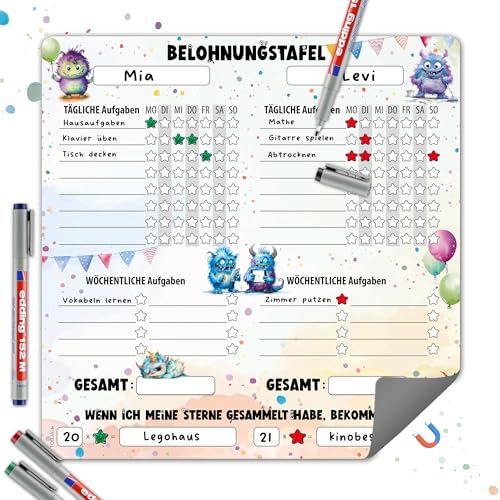 Magnetische Belohnungstafel Kinder – Monster Design, für 2 Kinder, täglichen & wöchentlichen Aufgaben | Routine Planer Kinder Morgen- & Abendroutine | 30 x 30 cm, abwischbar (Monster inkl. 4 Stifte) von TOBJA