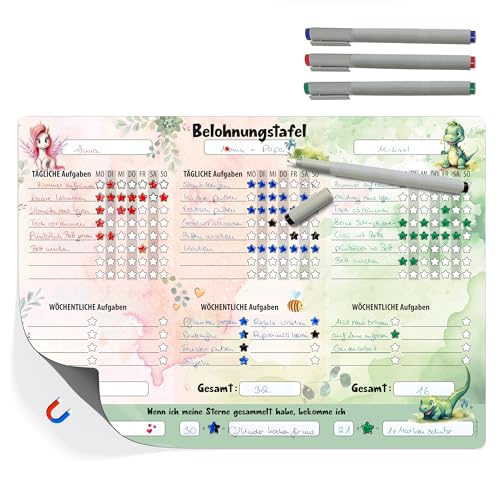 TOBJA Aufgabenplaner Kinder DIN A3 - Motiviert Kinder spielerisch zum Erfolg! | Belohnungstafel Kinder ab 3 im Einhorn, Dino Design | Routine Planer Kinder magnetisch inklusive Bunte Markenstifte von TOBJA