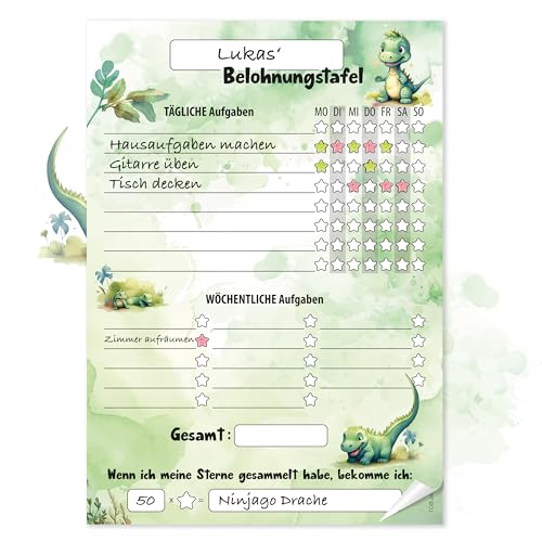 TOBJA Belohnungstafel Kinder A4 Block - Motiviert Kinder spielerisch | 25 Blatt Belohnungstafel Kinder ab 3 | Belohnungssystem Kinder für Mädchen und Jungen (Dino) von TOBJA