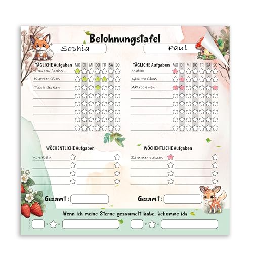 TOBJA Belohnungstafel Kinder im Waldtiere Design – Für Zwei Kinder XL 30 x 30 cm | Motivationshilfe & Struktur im Alltag | Für Jungs und Mädchen, Wochenplaner Kinder, Abreißblock 25 Blatt von TOBJA