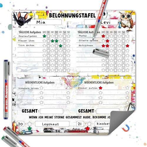 TOBJA Belohnungstafel Kinder magnetisch – Graffiti Design mit Eule & Fledermaus – Für 2 Kinder – Mit 4 Stiften – Tägliche & wöchentliche Aufgaben – 30 x 30 cm – Abwischbar TOBJA Belohnungstafel Kinder magnetisch – Graffiti Design mit Eule & Fledermaus – Für 2 Kinder – Mit 4 Stiften – Tägliche & wöchentliche Aufgaben – 30 x 30 cm – Abwischbar von TOBJA