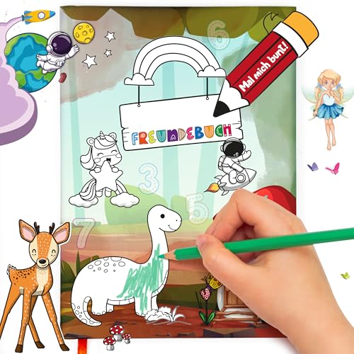 TOBJA Kindergarten Freundebuch - Mein Freundebuch Weltraum mit Einhörnern, Dinos und Piraten - Bemalbares Hardcover, 24 Doppelseiten - Inkl. Seiten für Erwachsene - Perfekt für Jungen und Mädchen von TOBJA