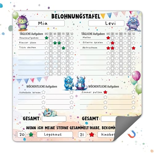 TOBJA Magnetische Belohnungstafel Kinder – Monster Design, für 2 Kinder, täglichen & wöchentlichen Aufgaben | Routine Planer Kinder Morgen- & Abendroutine | 30 x 30 cm, abwischbar (Monster) von TOBJA