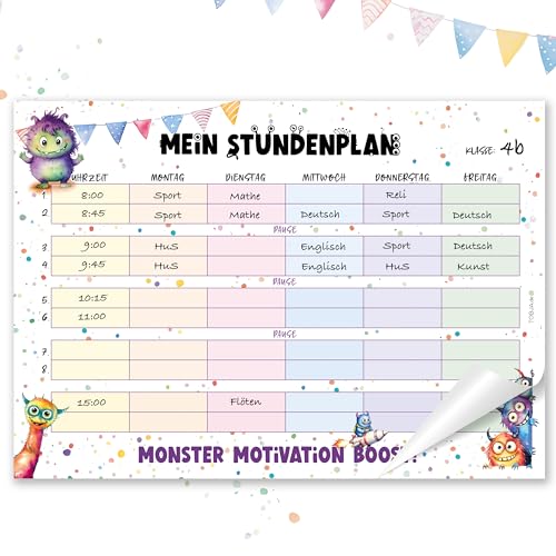 TOBJA Monster Stundenplan 1. Klasse A4 Block - 25 Seiten, Süßes Monster Design - Einschulungsgeschenk Füllung Schultüte Mädchen u. Jungen, Stundenplan Papier von TOBJA