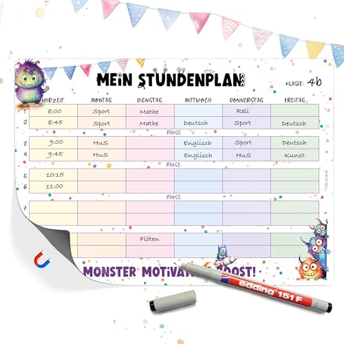 TOBJA Stundenplan magnetisch Grundschule - Süße Monster Design | Stundenplan abwischbar Jungen & Mädchen | Stundenplan 1. Klasse (magnetisch inkl. Stift) von TOBJA