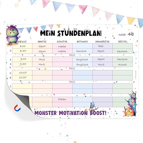 TOBJA Stundenplan magnetisch Grundschule - Süße Monster Design | Stundenplan abwischbar Jungen & Mädchen | Stundenplan 1. Klasse (ohne Stift) von TOBJA