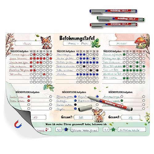 TOBJA XL Belohnungstafel Kinder A3 - Motiviert Kinder spielerisch zum Erfolg! | Belohnungstafel Kinder ab 3 bis 10 Jahre | Belohnungssystem magnetisch inkl. 4 Bunte Markenstifte von TOBJA