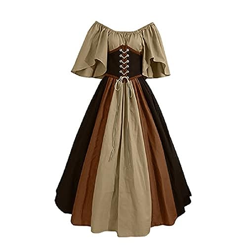 TOFOTL Mittelalter Kleidung Damen Retro Renaissance Festlich Kleider Locker Partner Kostüm Halloween Einfarbig Outfit Mittelalterkleid Cosplay Winter Halloween Frauen Elegant Hellbraun S von TOFOTL