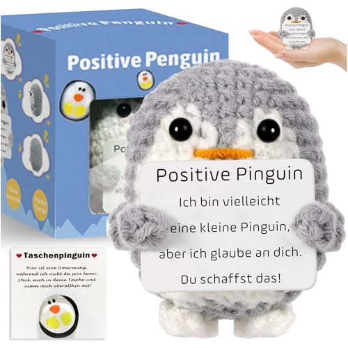 Mini Positive Penguin Geschenk, Lustiger Pocket Hug Pinguine Süßes Gestricktes Pinguin Spielzeug mit Positiver Karte Glücksbringer Häkelpuppe für Kinder Jubelndes Aufmunterung Geschenke Dekoration von TOGETDREAM