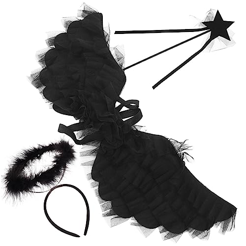 TOGEVAL 1 Satz Engelsflügel-Set Engelsstab steckt Engel Haarband Engel-Stirnband Dunkles Engelskostüm Engelsflügel für Halloween Engelsflügel für Cosplay Gittergewebe Black von TOGEVAL