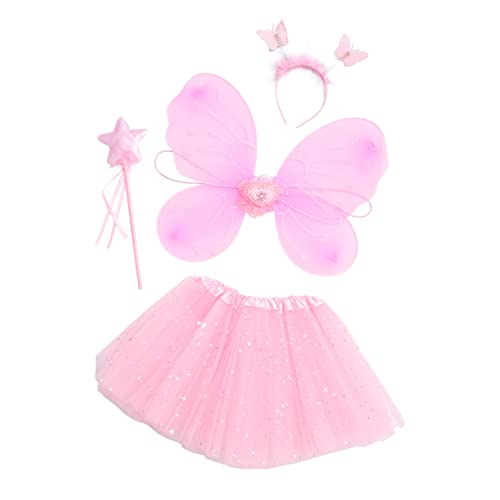 TOGEVAL 1 Satz Schmetterlingsflügel vierteiliges Set Feenkleid für Kinder Kleiderset für Mädchen Tour Mini fairy wand halloweenkostüme für kinder Cosplay-Kostüm Partyzubehör Strümpfe Rosa von TOGEVAL