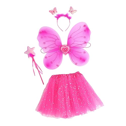 TOGEVAL 1 Satz Schmetterlingsflügel vierteiliges Set Kostüme Schmetterlings-Outfit Sternenfee Zauberstab Leistung fairy wand tanzkleider kurzes Kleid aus Cosplay-Kostüm Stoff Rosy von TOGEVAL