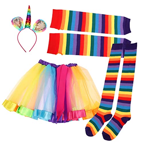 TOGEVAL 1 Set Regenbogenanzug, Partykostümzubehör, Tutu Rock, Regenbogen Kopfschmuck, Party Requisiten Dekore, Regenbogen Kostüme, Requisiten, Regenbogen Handschuhe, Cosplay Rock, von TOGEVAL