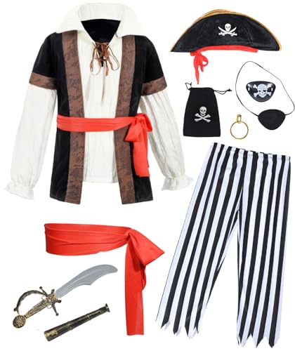 TOGROP Piraten-Kostüm, Kindermantel, Hose, Hut mit Zubehör, Deluxe-Set für Party, Cosplay, 3–10 Jahre, 9-teilig, Piratenjunge, 6-7 Jahre von TOGROP