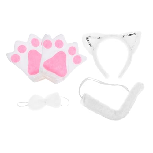 TOKIDNY Katzenohren Haarband Katzenkostü Set Für Damen 3 Teiliges Outfit Mit Weißen Katzenohren Haarreif Und Handschuhen Für Halloween Cosplay Partys Und Karneval Halloween Deko Katze von TOKIDNY