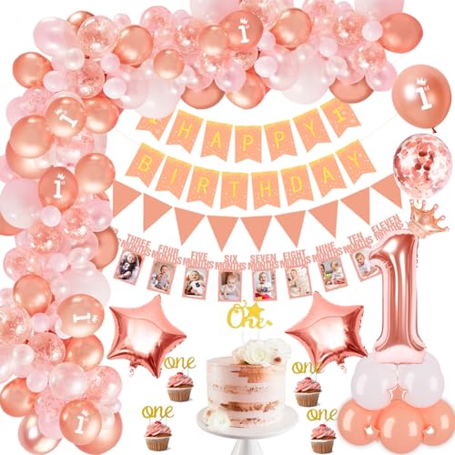 1.Geburtstag Deko Mädchen, Roségold Geburtstagsdeko 1 Jahr Mädchen mit Happy Birthday Banner, Folie 1 Luftballon, Monat Foto Banner,ONE Cake Topper,Erste Rosegold Luftballons Girlande von TOLOYE