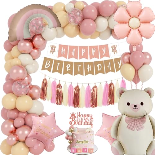 Geburtstag Deko Mädchen, Boho Kindergeburtstag Deko mit Retro Rosa Roségold Luftballons, Bären Happy Birthday Banner, Folienballon, Boho Geburtstag Deko für Erster Geburtstag Mädchen Babyparty von TOLOYE