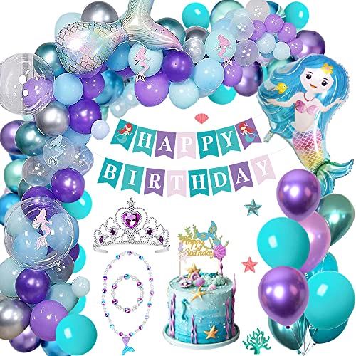 Meerjungfrau Geburtstagsdeko Mädchen,Mermaid Balloon Arch Kit mit Happy Birthday Banner Cake Topper Meerjungfrau Schwanz Foil Luftballons Krone Halskette,Meerjungfrau Geburtstags Party Baby Kinder von TOLOYE